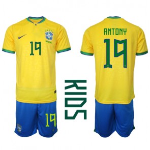 Brasilien Antony #19 Hemmaställ Barn VM 2022 Kortärmad (+ Korta byxor)